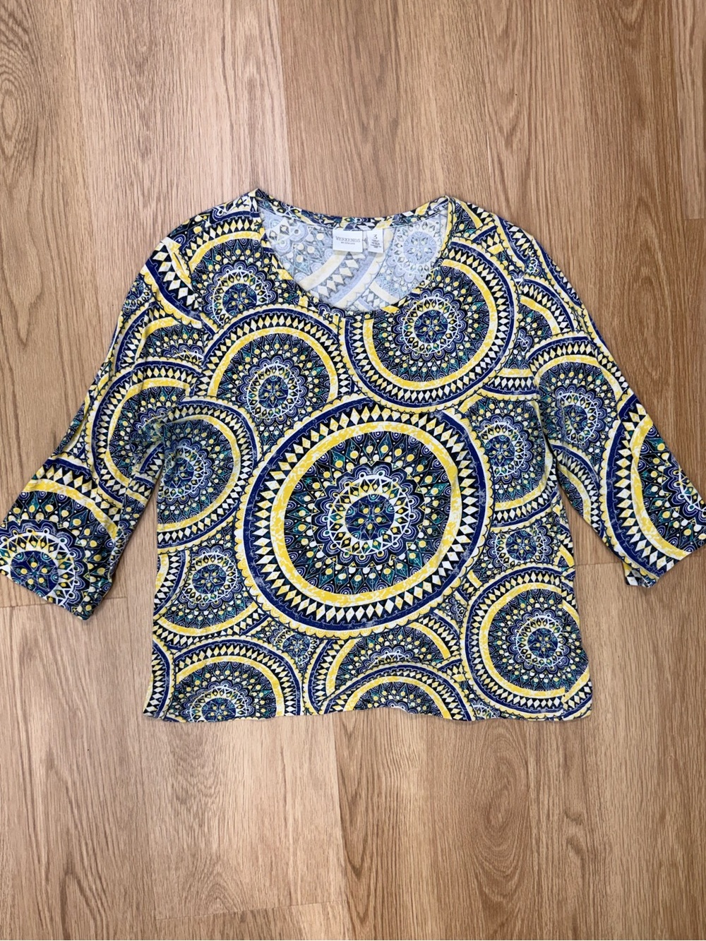 Chico's Blue and Yellow Medallion Crewneck Top